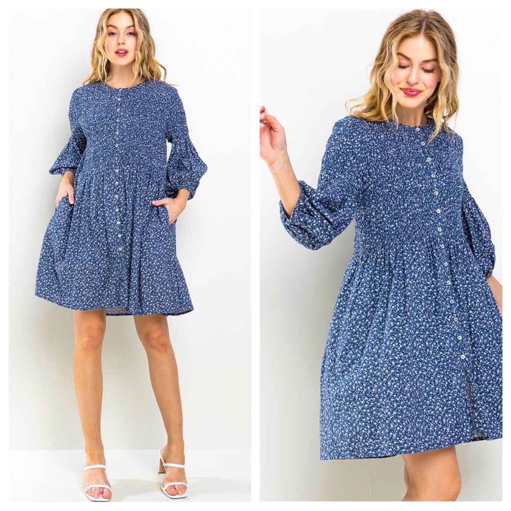 10 Boho Floral Print Smocked Balloon Sleeve Dress